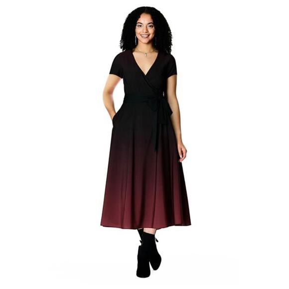 eShakti MEDIUM 8 Black Red Ombre Print Crepe Wrap Dress Midi Tea Length A Line - Picture 1 of 12